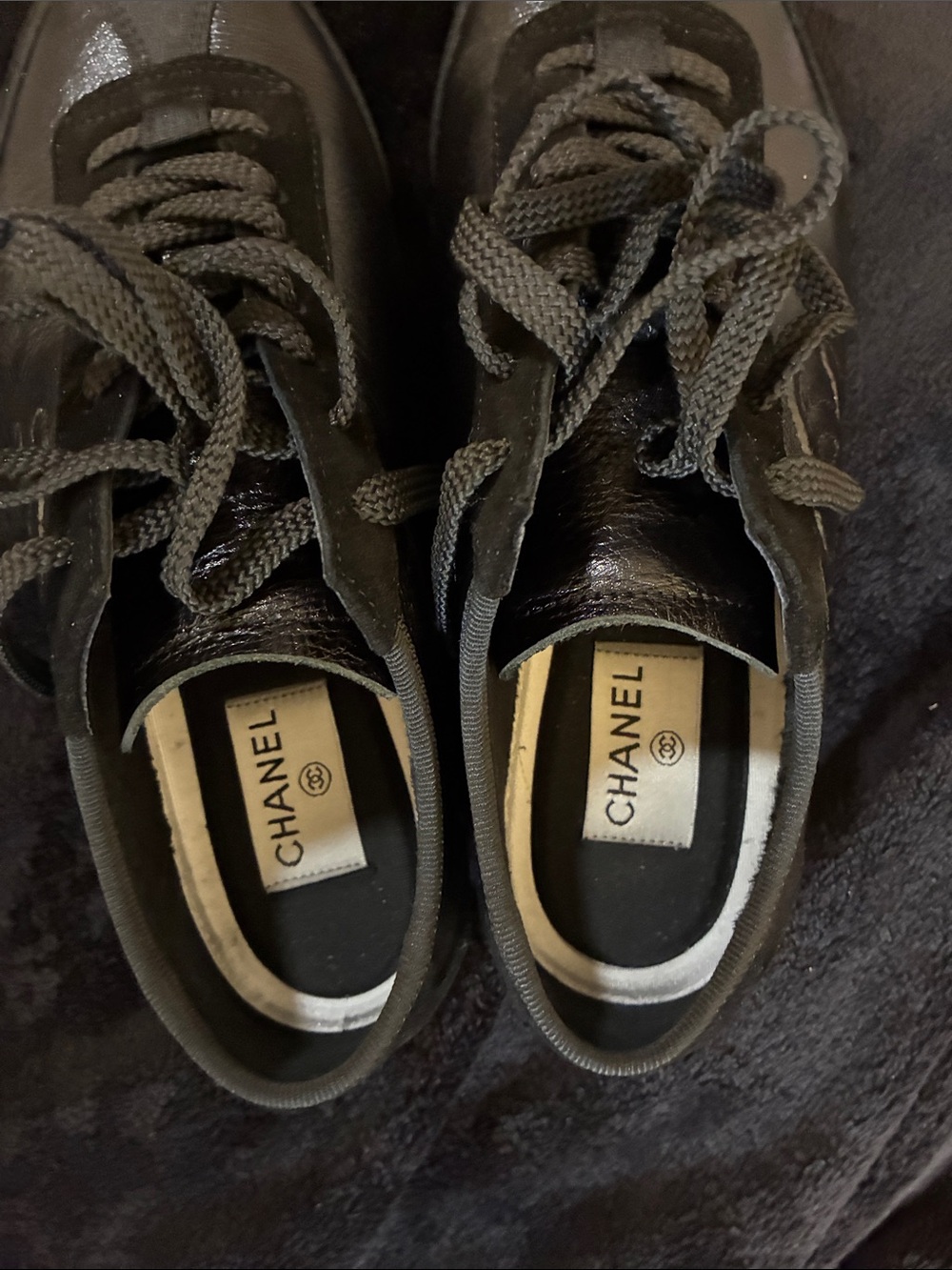 CHANEL Women’s Black Leather & Textile Lace-Up Sneakers